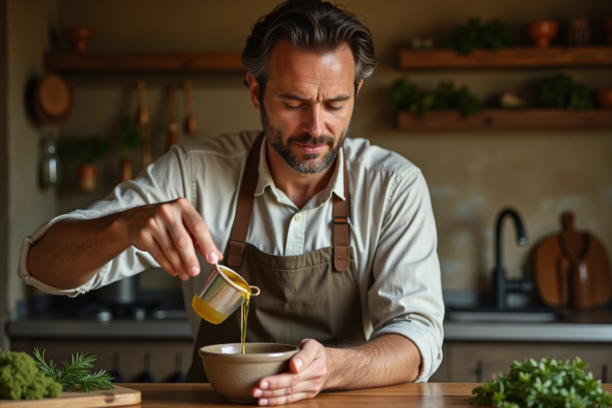Homme versant 50 ml d'huile d'olive dans un bol en céramique sur un comptoir en bois dans une cuisine rustique