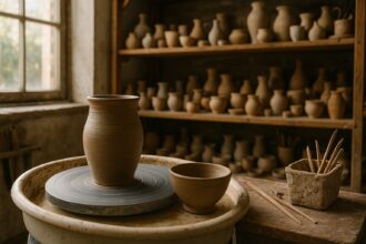 Artisan céramiste façonnant de l'argile sur un tour de poterie