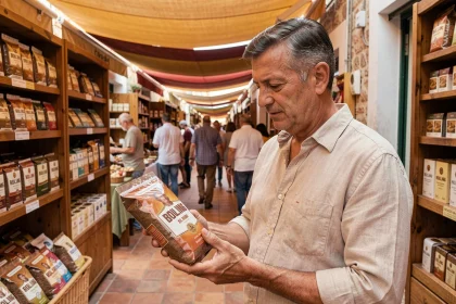 Homme examinant un seau de tabac 1kg dans un marché espagnol en plein air