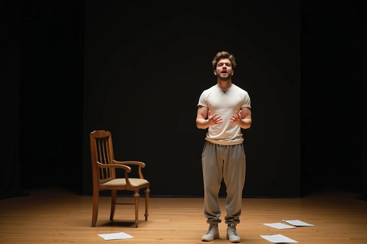 Jeune acteur répétant les expressions d'un personnage masculin secondaire Disney sur une scène de théâtre