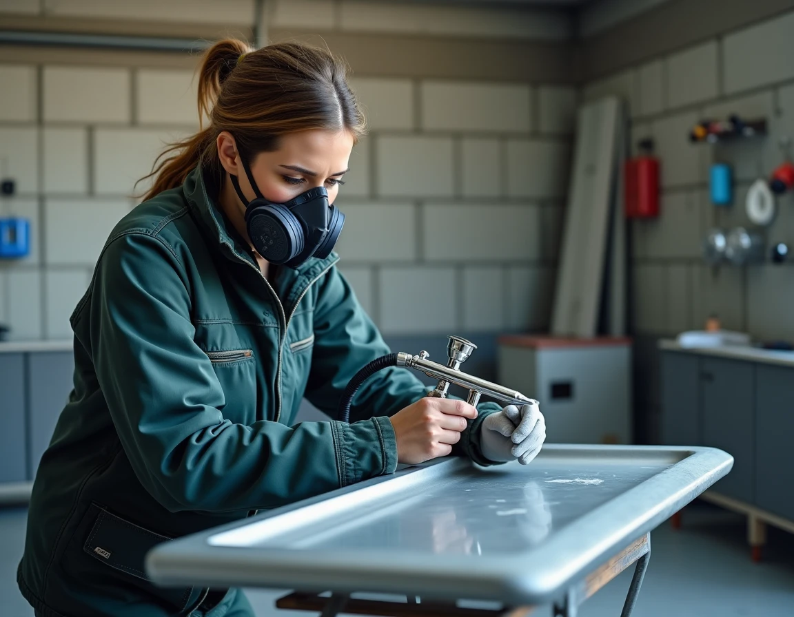 Artiste féminine utilisant un aérographe à solvant sur un panneau automobile dans un atelier industriel