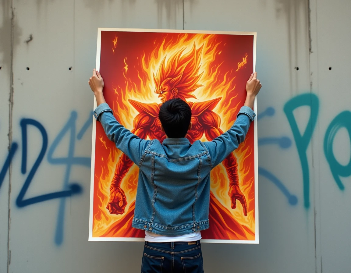 Jeune homme tenant une affiche grand format de Rengoku pilier de la flamme devant un mur urbain en béton
