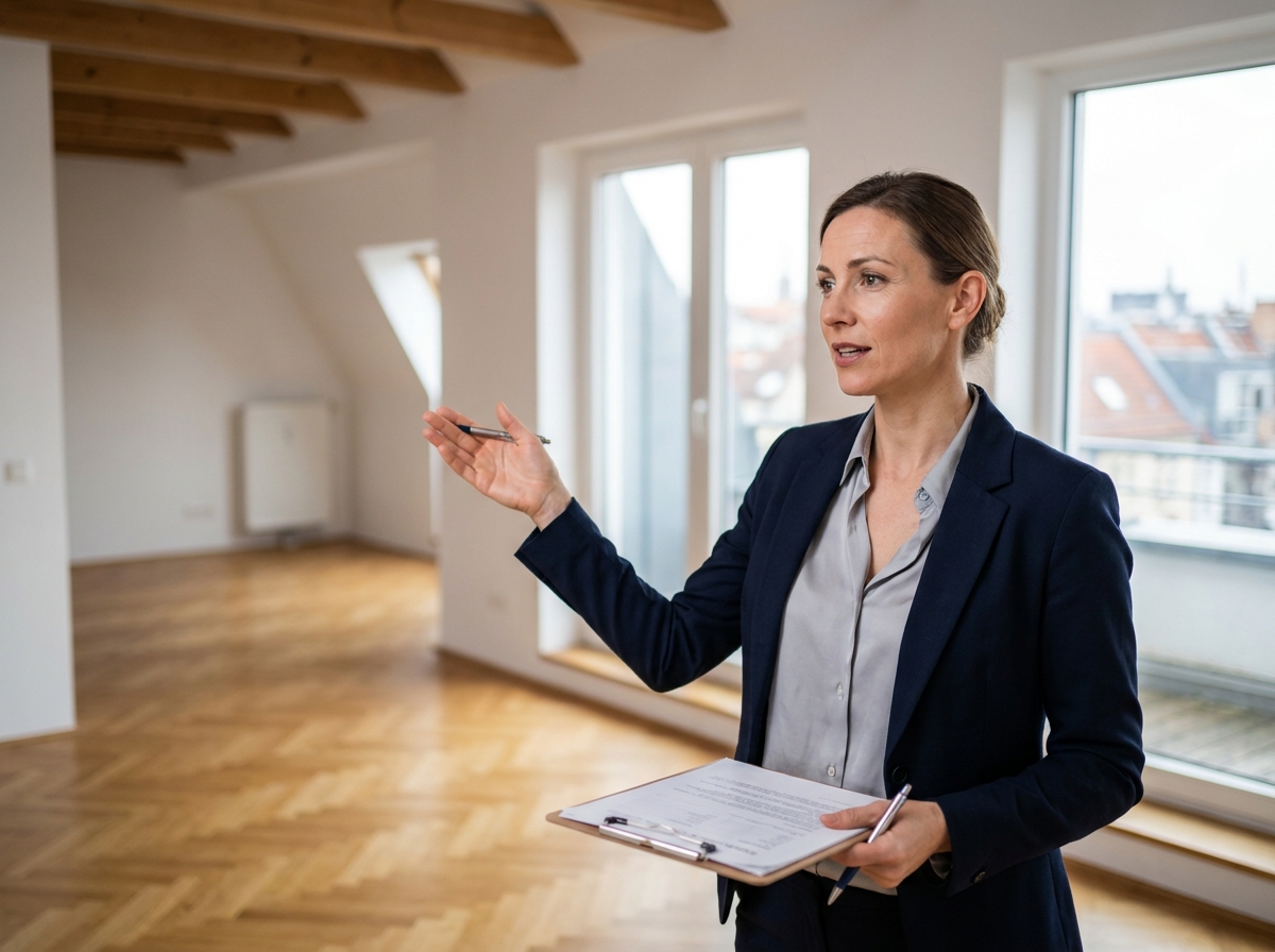 Agent immobilier présentant un appartement vide à un investisseur dans le cadre d'un projet locatif