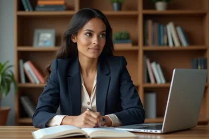 Portrait éditorial d'une femme nord-africaine professionnelle assise à un bureau moderne avec des livres et un ordinateur portable, expression concentrée