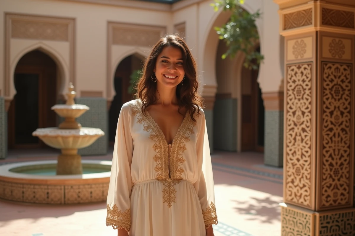 Femme nord-africaine en robe traditionnelle brodée debout dans le patio d'un riad marocain avec carrelage zellige et fontaine en pierre