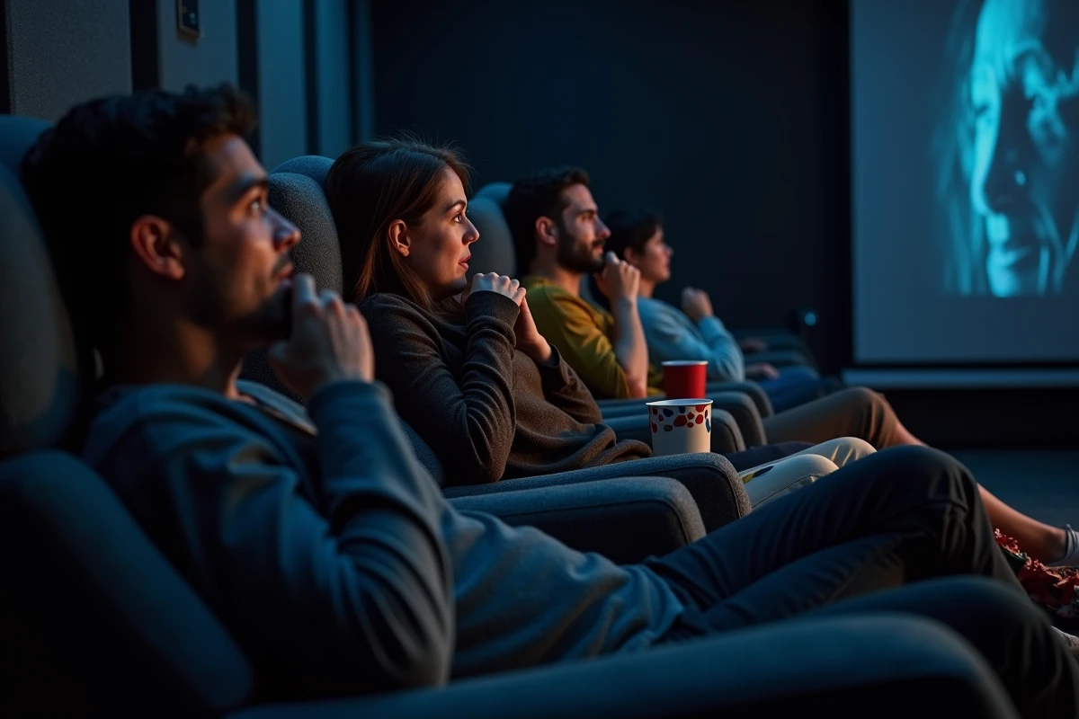 Un groupe d'amis adultes regarde un film d'horreur en suspense dans une salle de cinéma privée à domicile, illustrant l'engouement du public pour Destination Final Bloodlines