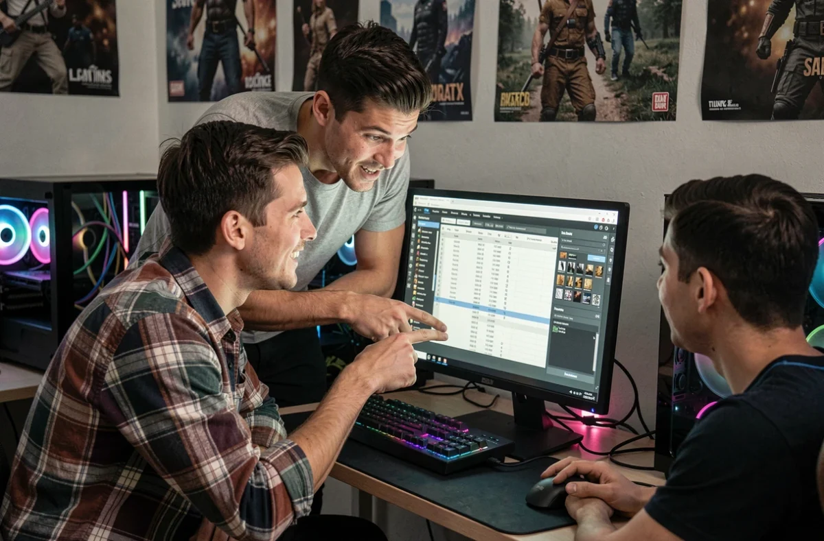 Deux joueurs en pleine discussion autour d'un écran pour analyser et perfectionner un build dans Path of Exile 2
