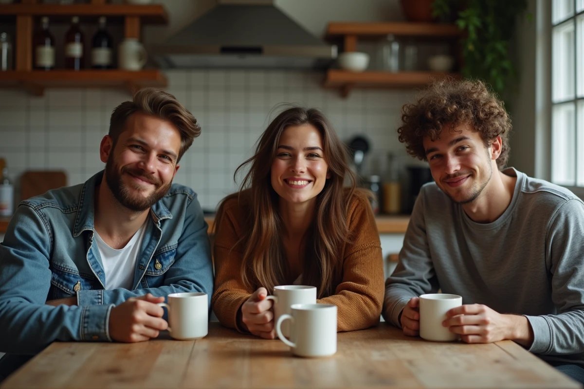 Groupe d'amis épuisés autour d'une table de cuisine le lendemain d'une soirée avec des mugs de café