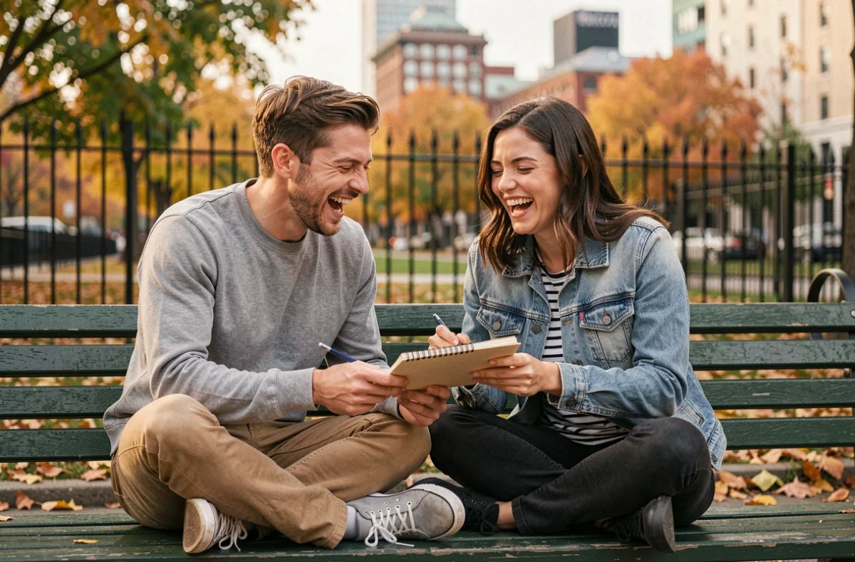 Deux amis riant ensemble dans un parc en automne en lisant des jeux de mots dans un carnet