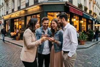 Groupe d'amis parisiens consultant leur smartphone devant un bistrot animé pour trouver un spot où sortir le soir à Paris