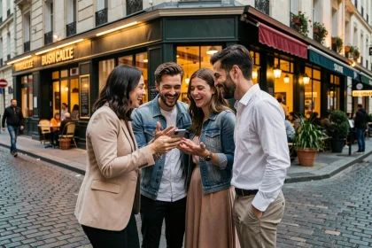 Groupe d'amis parisiens consultant leur smartphone devant un bistrot animé pour trouver un spot où sortir le soir à Paris