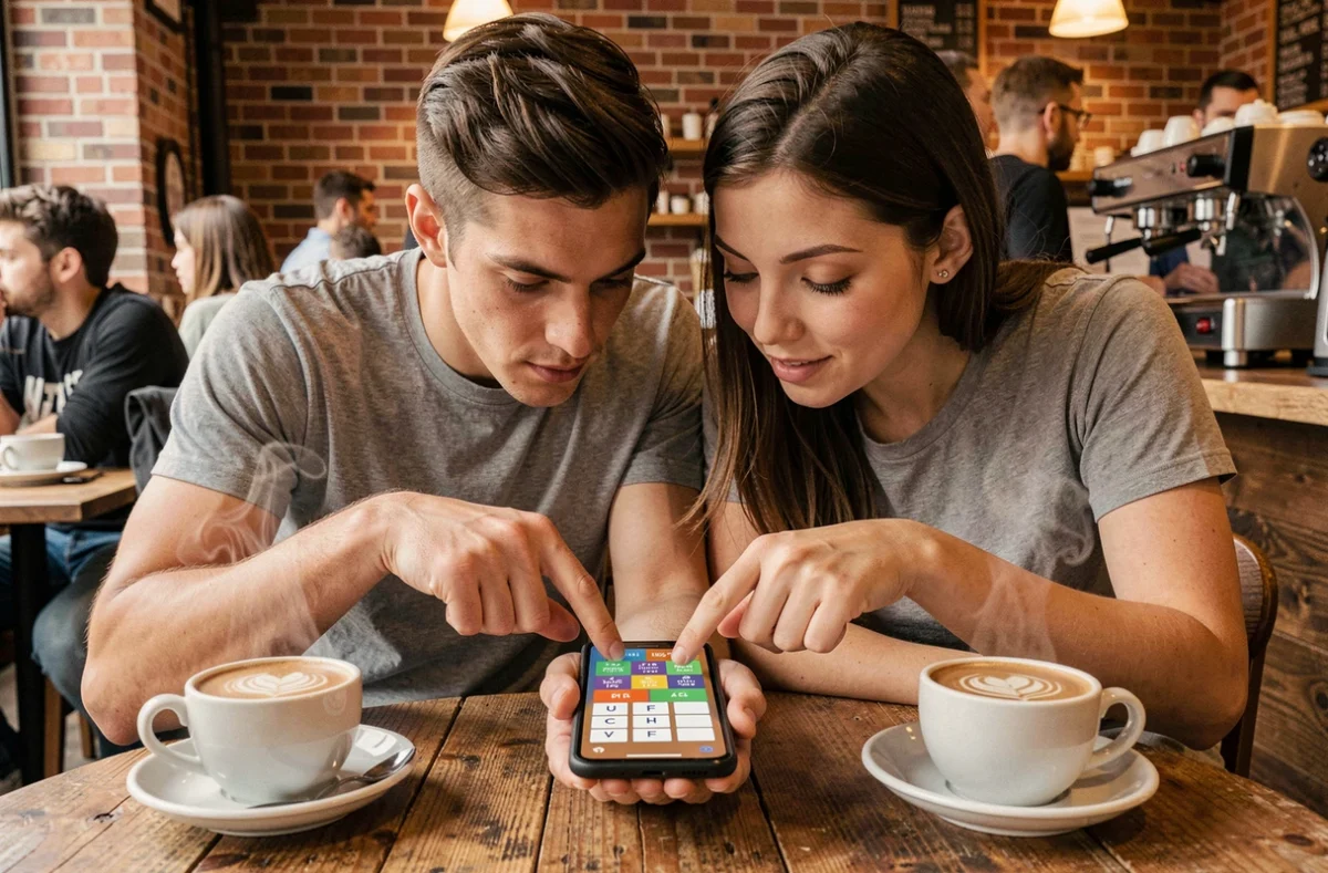 Deux amis cherchant la solution de 4 Images 1 Mot en 5 lettres ensemble dans un café
