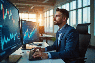 Analyste financier confiant dans un bureau moderne avec écrans de bourse