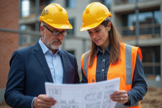 Architecte et gestionnaire de chantier en discussion