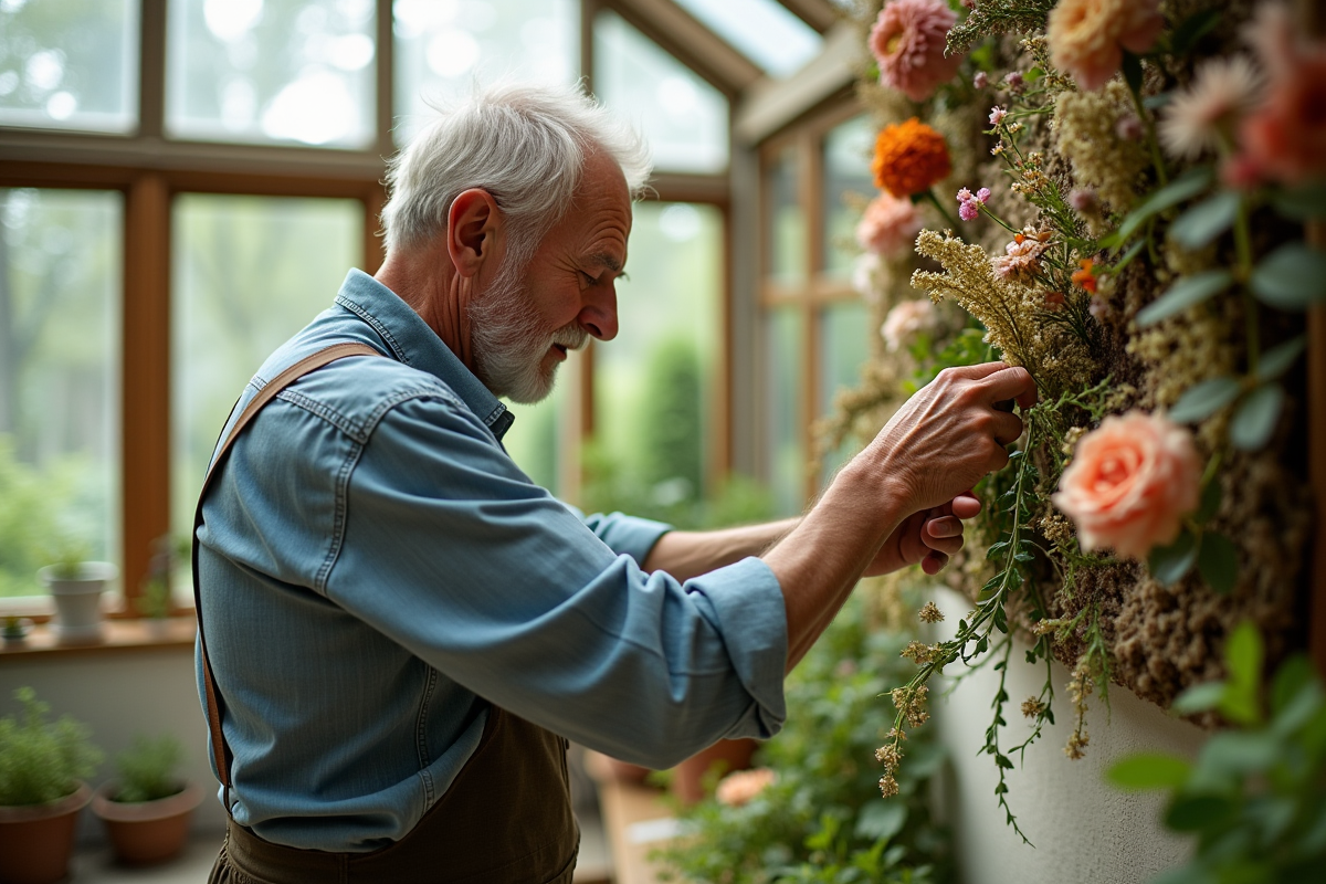 Homme âgé créant une installation florale murale dans une serre lumineuse