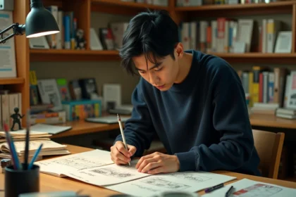 Artiste manga dessinant des planches de storyboard dans un studio japonais encombré de livres et de crayons