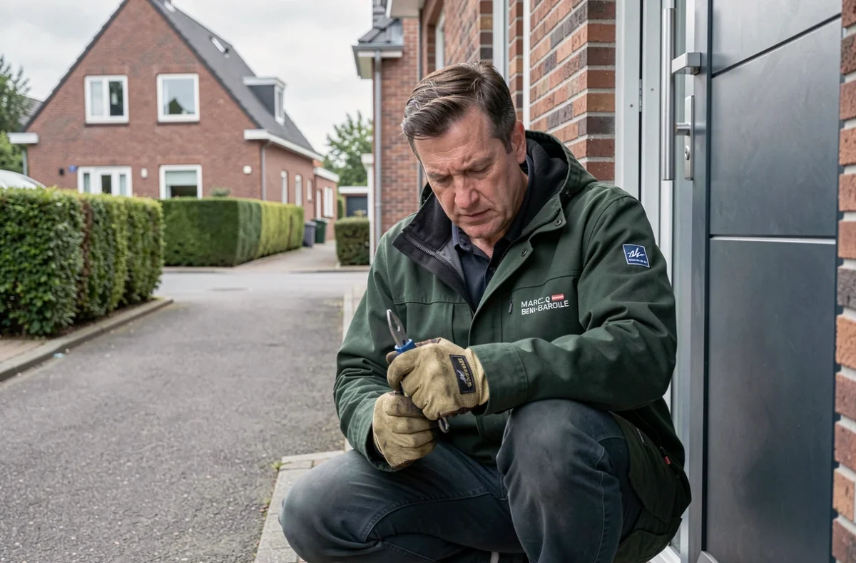 Serrurier ASO à Marcq-en-Baroeul intervenant devant une maison en briques rouges dans un quartier résidentiel paisible