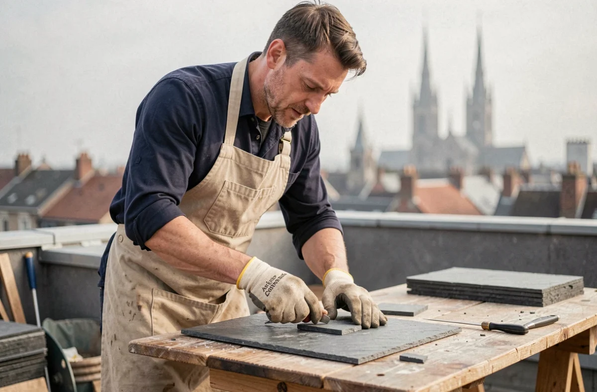 Artisan de l'Atelier des Couvreurs Rouennais taillant une ardoise à la main sur un toit avec les clochers de Rouen en arrière-plan