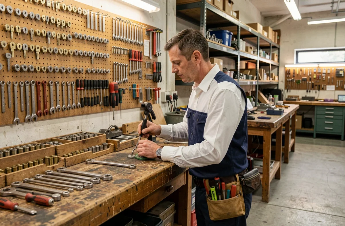 Artisan de l'Ateliers-Serrurier Lille travaillant sur des serrures et cylindres dans un atelier de serrurerie traditionnel bien équipé
