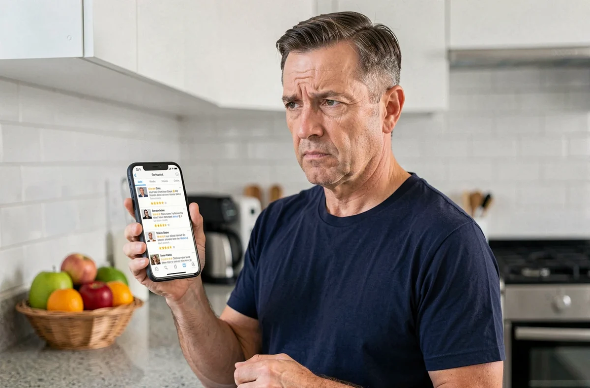 Homme consultant des avis clients sur son smartphone pour évaluer la fiabilité d'une boutique en ligne