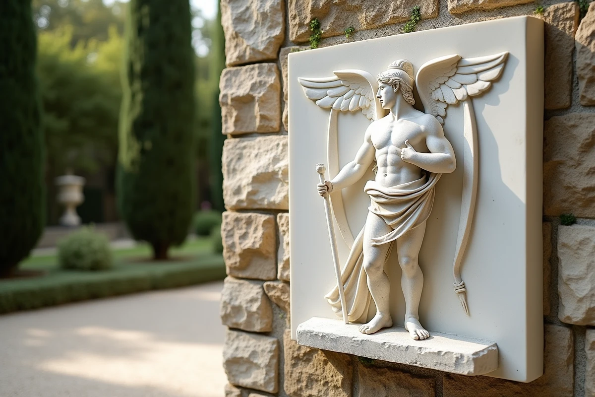 Bas-relief en marbre représentant Hermès avec caducée et casque ailé dans un jardin de sculpture classique en plein air