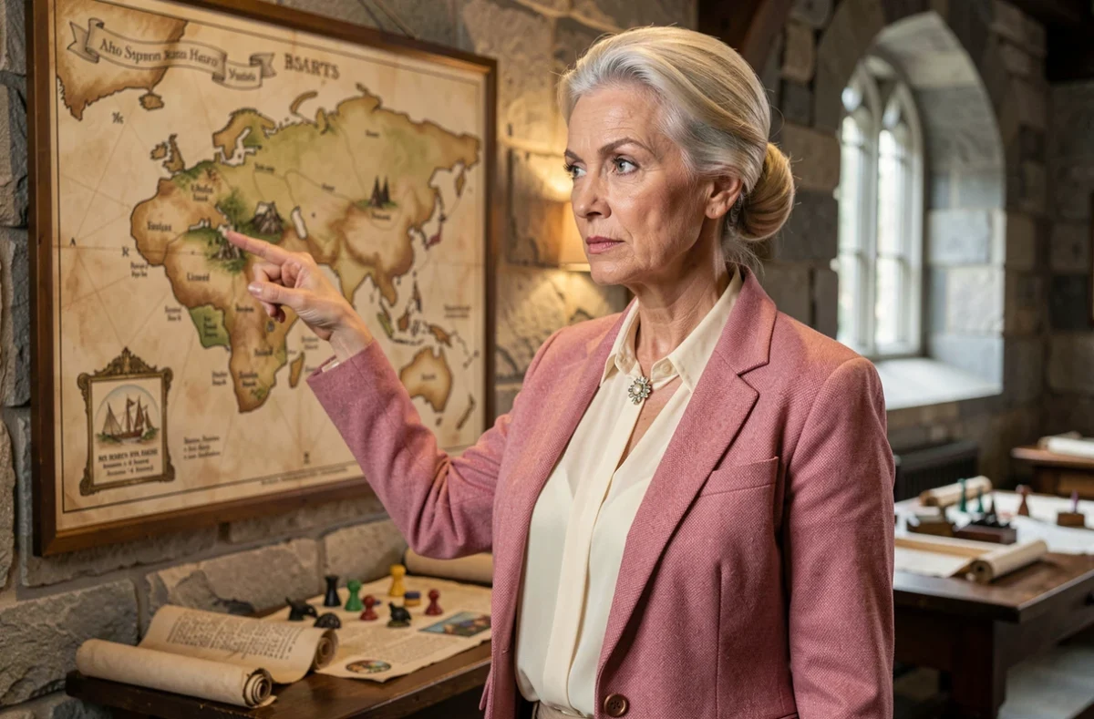 Femme pointant une carte de jeu fantastique accrochée à un mur de pierre dans une salle d'expédition médiévale, en référence à Greed Island dans Hunter x Hunter