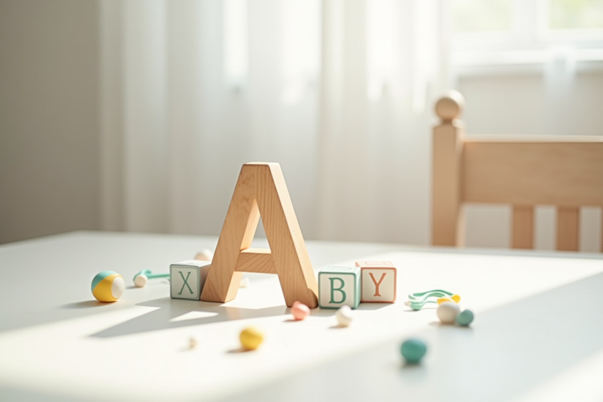 Blocs en bois formant la lettre A sur une table de nurserie lumineuse