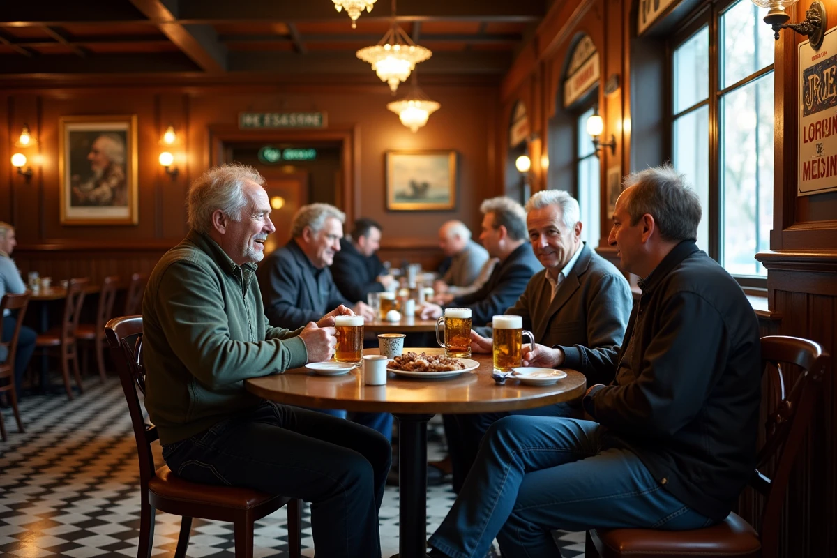 Intérieur d'une brasserie traditionnelle à Saralbe avec décor lorrain authentique et convives attablés