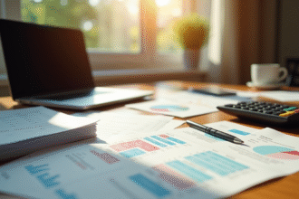 Bureau organisé avec factures et graphiques pour gestion budget