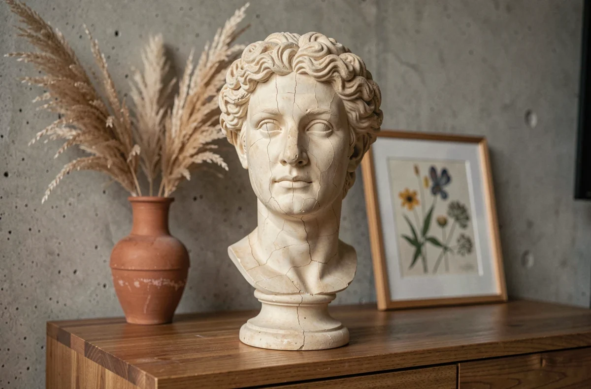 Buste grec en plâtre vieilli sur une console en bois dans un loft contemporain avec décoration naturelle