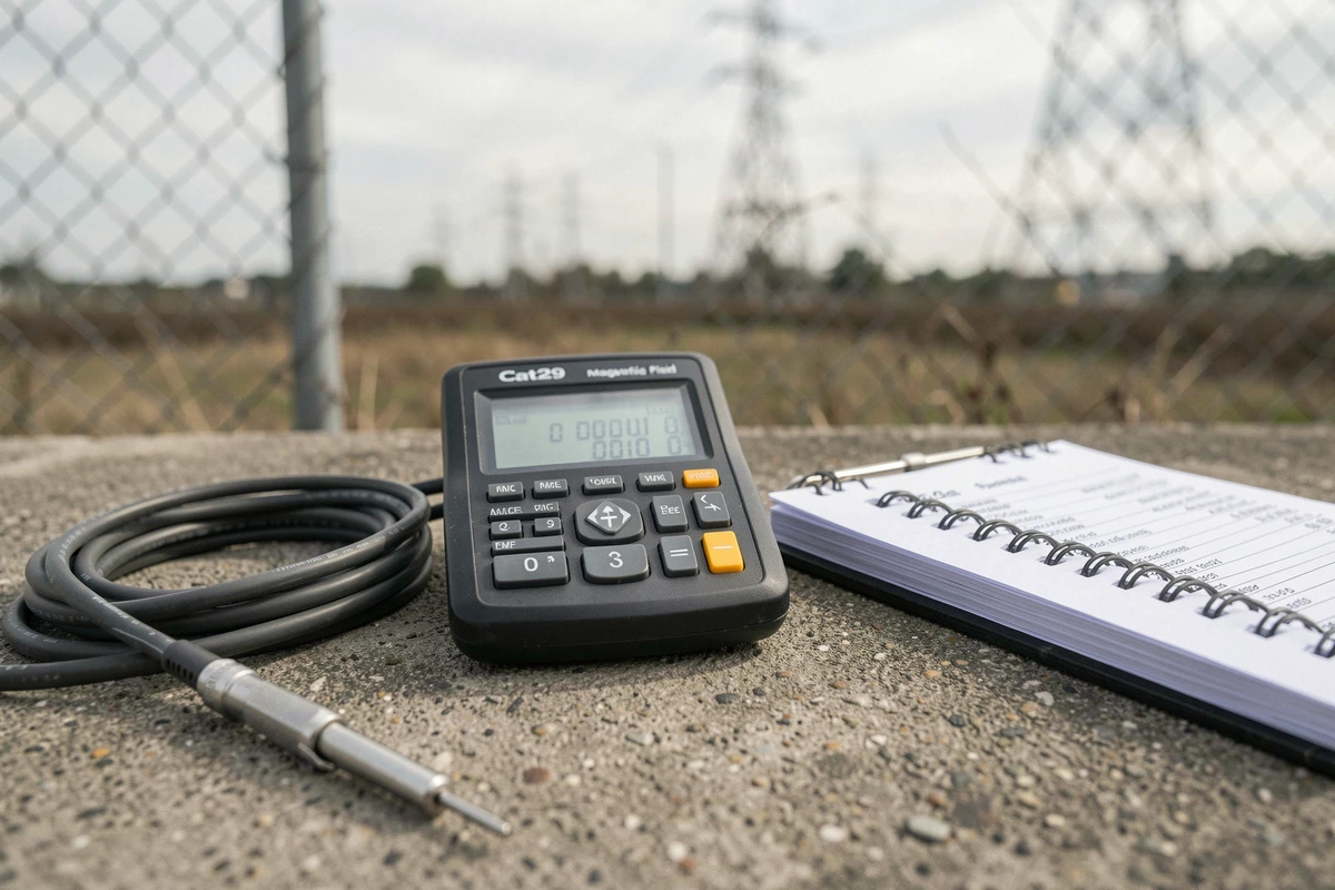 Calculateur de champs magnétiques Cat29 posé sur béton avec sonde et carnet technique lors d'une inspection terrain