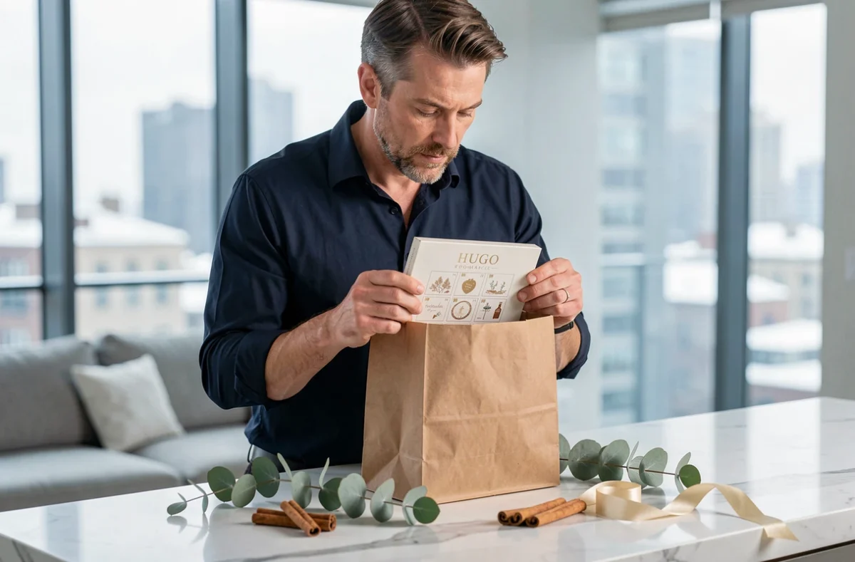Homme préparant un calendrier de l'Avent hugo Romance comme cadeau dans un appartement moderne avec vue hivernale