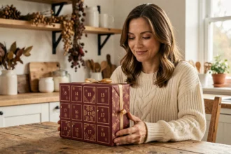 Femme souriante tenant un calendrier de l'Avent hugo Romance sur une table en bois dans une cuisine cosy décorée pour les fêtes