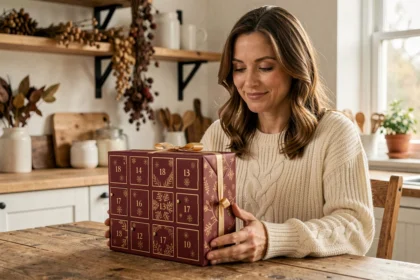 Femme souriante tenant un calendrier de l'Avent hugo Romance sur une table en bois dans une cuisine cosy décorée pour les fêtes