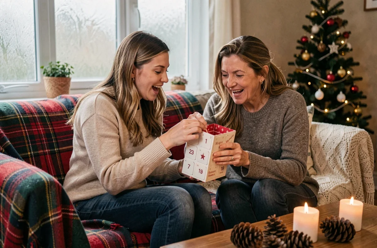 Deux femmes partageant la découverte d'un calendrier de l'Avent hugo Romance dans un salon chaleureux décoré pour Noël
