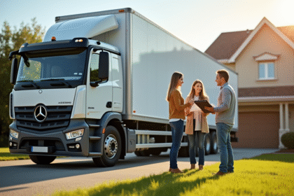 Gros plan d'un camion de déménagement de 30m3 devant une maison