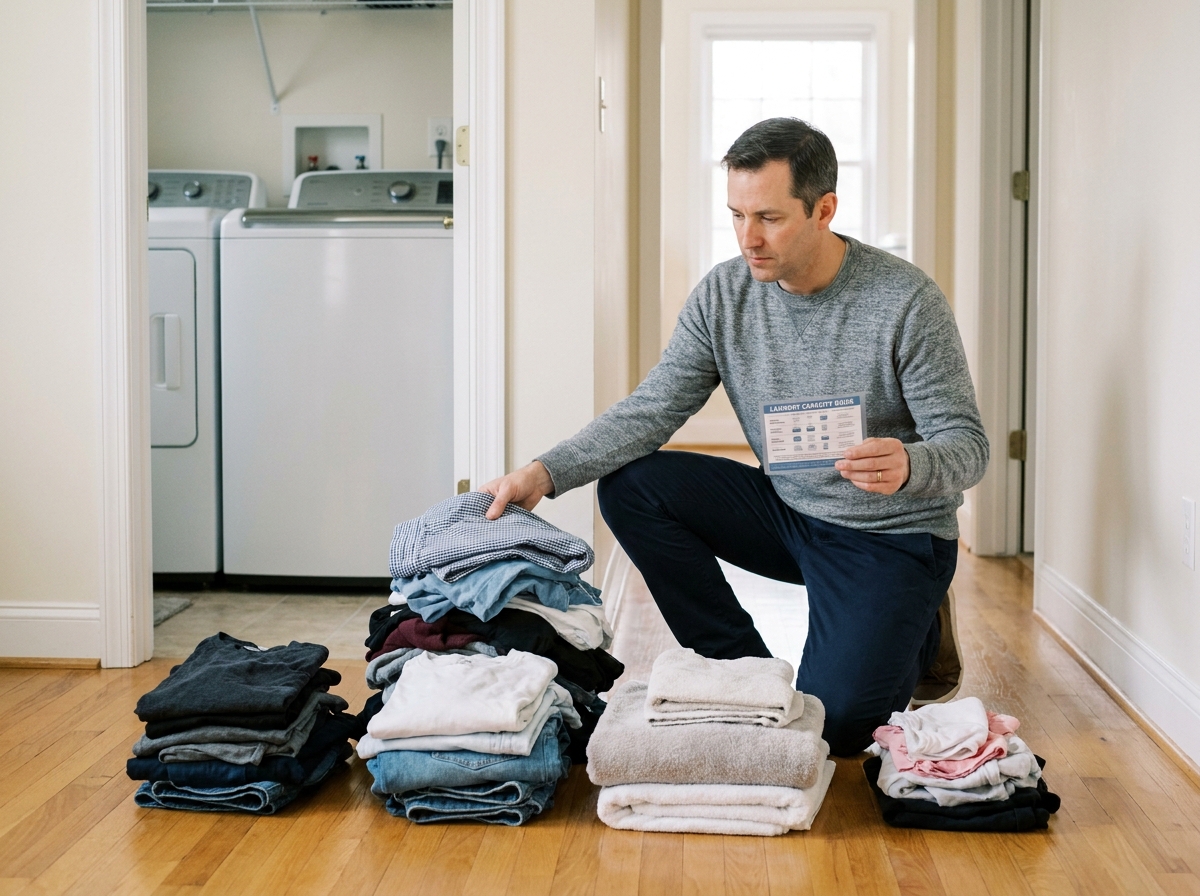 Homme comparant la capacité d'un lave-linge avec une pile de linge familial trié par couleur