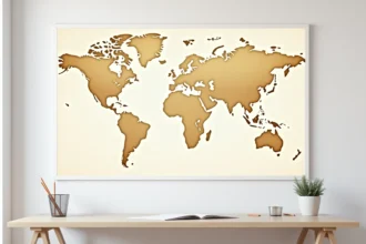 Carte du monde vierge grand format affichée sur un mur blanc dans un bureau minimaliste moderne