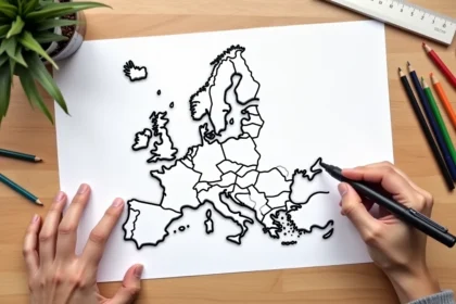 Carte vierge de l'Europe sans noms de pays posée sur un bureau en bois avec des crayons de couleur prêts à annoter