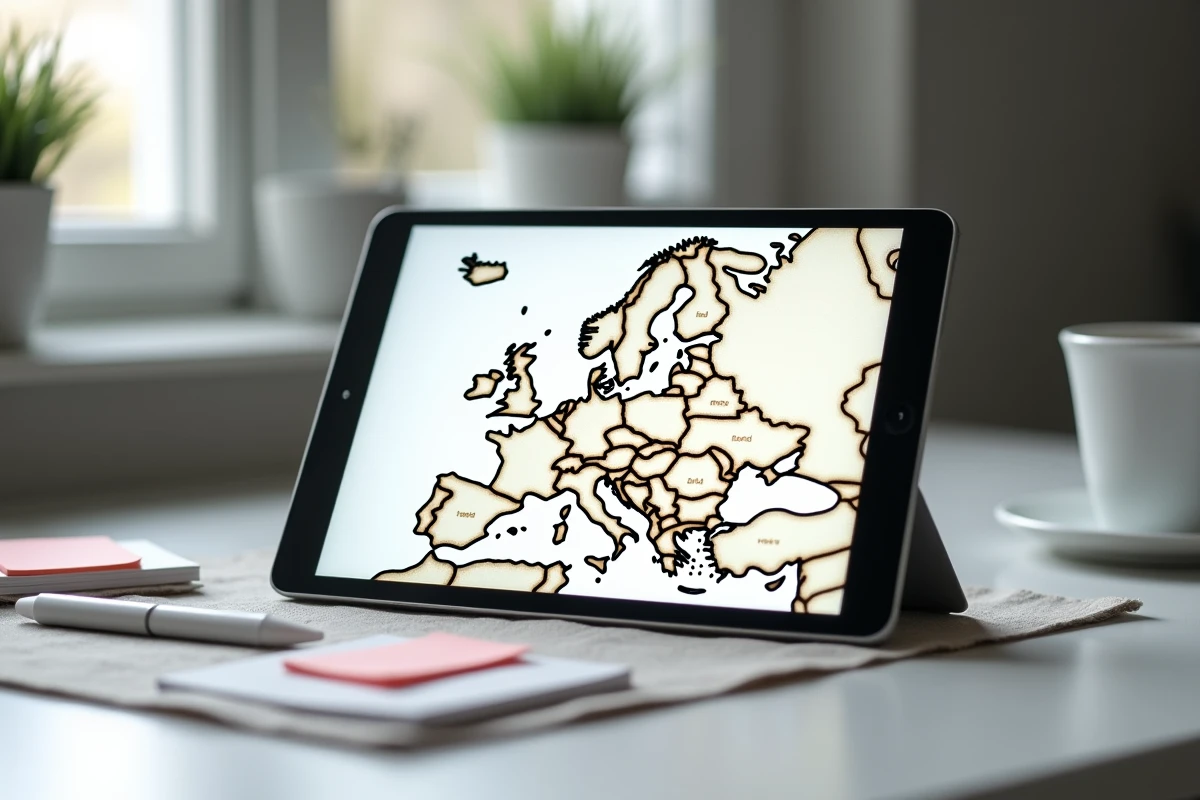 Carte de l'Europe vierge affichée sur une tablette avec stylet et notes autocollantes pour personnaliser les noms de pays
