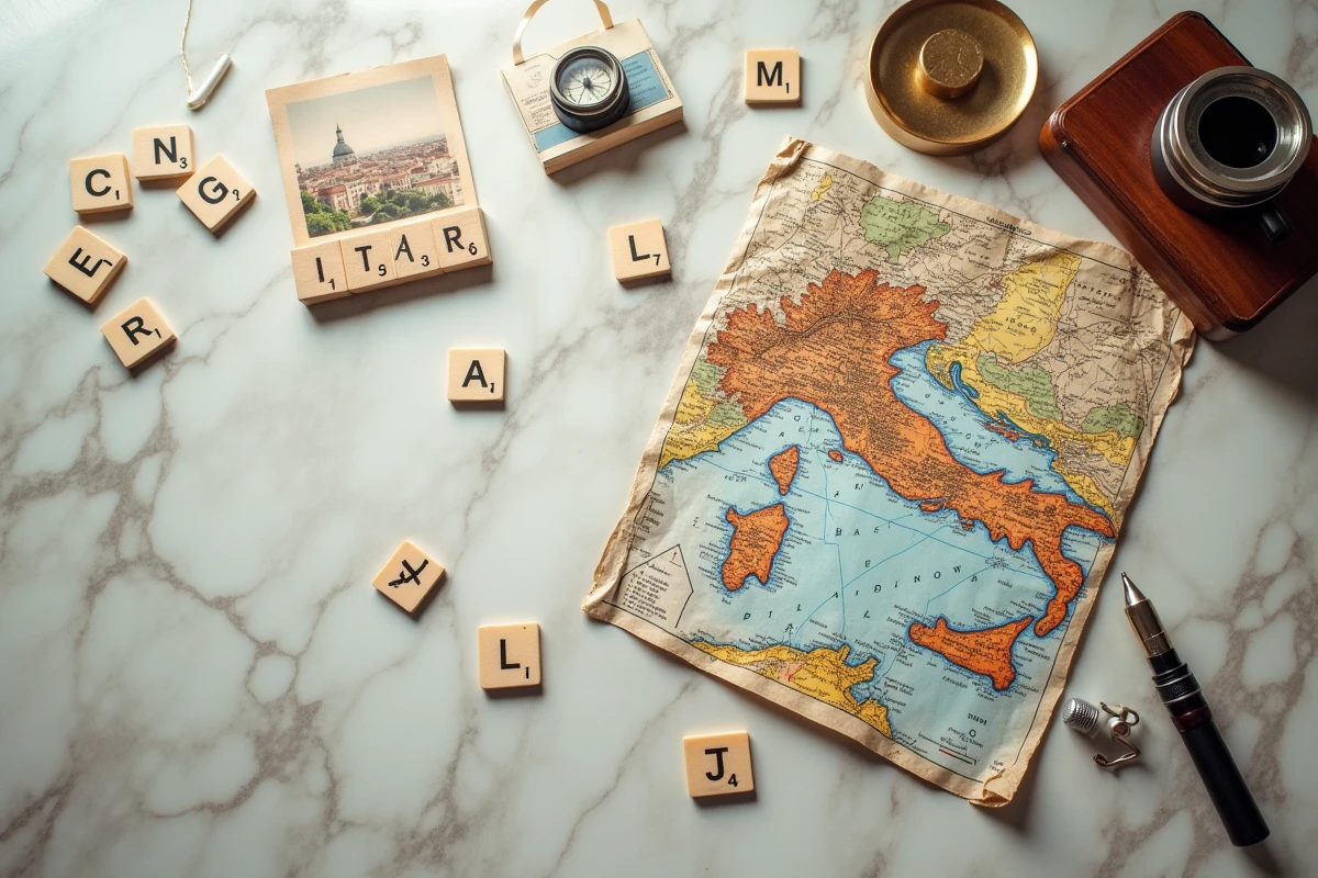 Vue aérienne d'un arrangement sur marbre avec carte de voyage italienne, lettres de jeu épelant des noms de villes, carte postale vintage et boussole formant un concept de quiz géographique