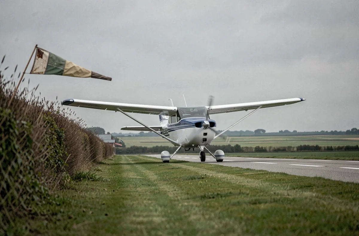 Cessna 172 en approche en crabe sur une courte piste herbeuse avec vent de travers prononcé