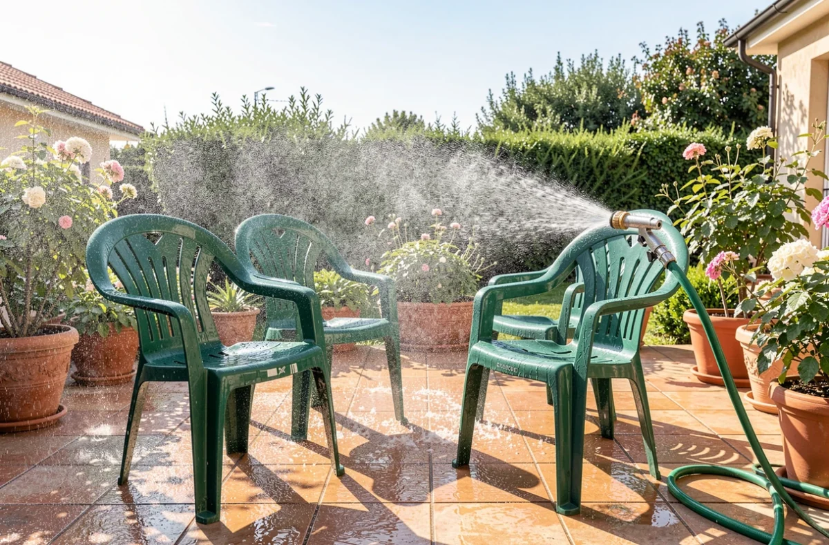 Chaises de jardin en plastique rincées au jet