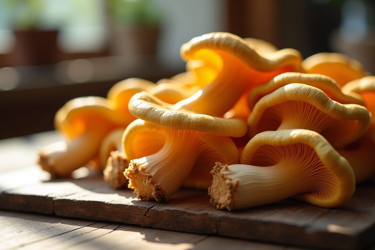 Champignons chanterelles fraîches sur une table en bois naturel
