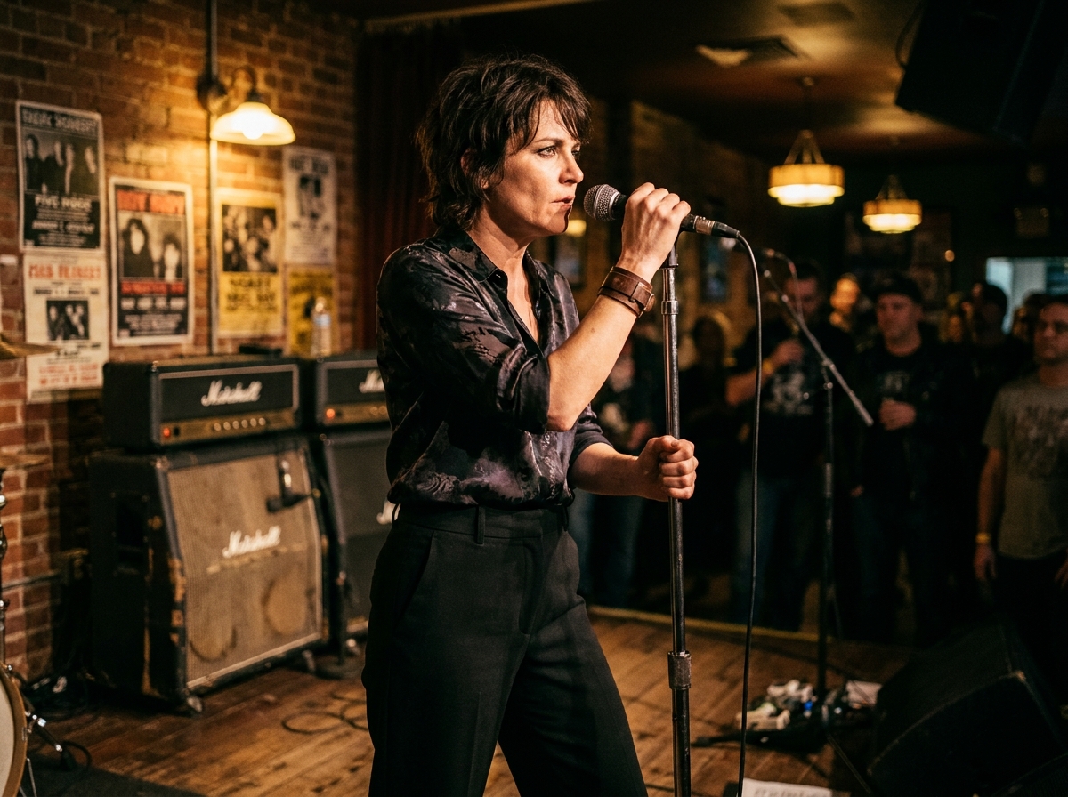 Chanteuse de rock expérimentée sur scène dans une salle mythique capturant l'intensité d'une performance légendaire