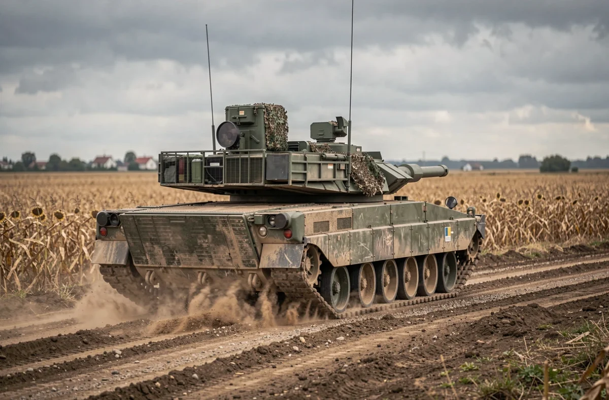 Char M1A1 Abrams en mouvement sur une route dégradée en Ukraine avec champs agricoles et village en arrière-plan