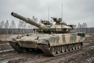 Char M1A1 Abrams sur un terrain boueux en Ukraine avec camouflage usé et canon pointé, vue grand angle au niveau du sol