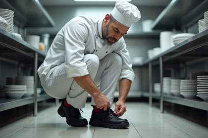 Chef professionnel vérifiant ses chaussures de sécurité en cuisine
