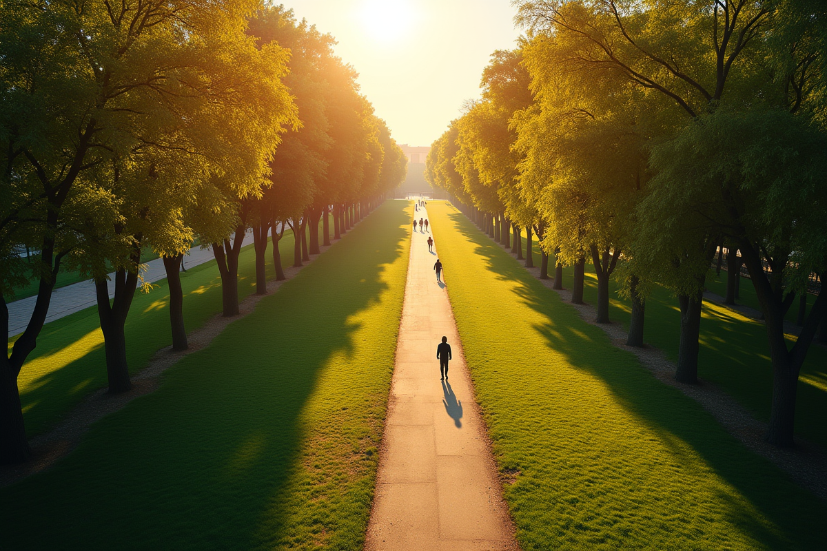 Sentier de parc ensoleille avec marcheurs et repères