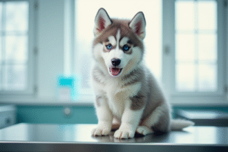 Chiot husky assis sur une table en clinique vétérinaire